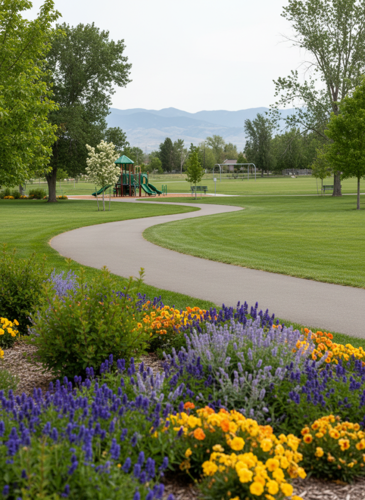 A peaceful Salt Lake County park scene at mid-morning, captured without visitors, featuring a wide, curving paved trail bordered by lush green grass, mature shade trees, and freshly planted flowerbeds in coordinated colors. In the distance, a new playground structure and an open sports field are visible, all immaculately maintained. The Wasatch foothills form a soft, hazy backdrop under bright but gentle natural light from a slightly overcast sky, creating even illumination and minimal harsh shadows. Photographed at ground level along the path with a subtle depth of field, the composition invites the viewer forward, conveying enhanced quality of life, outdoor recreation, and community investment in a highly realistic, welcoming style.